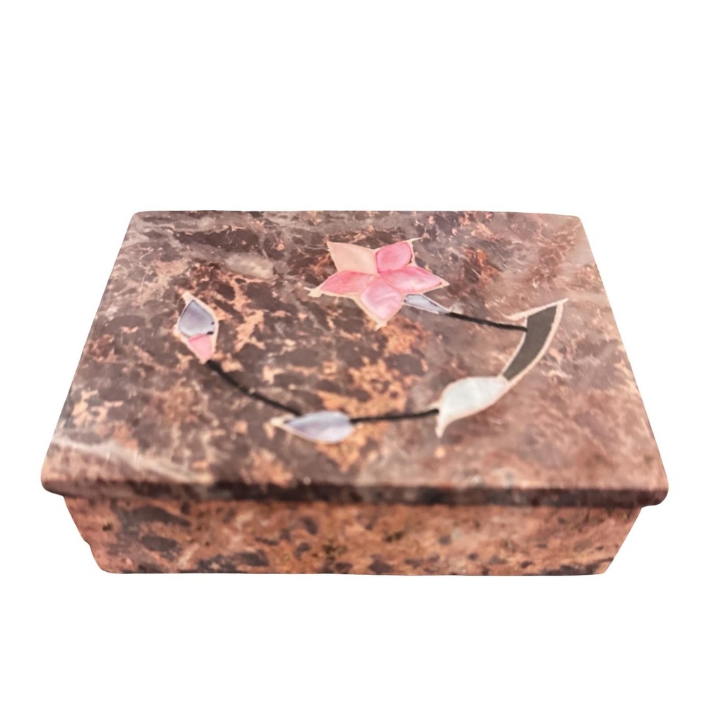 Vtg Marble Stone Inlay‎ Trinket Jewelry Box Floral Mother of Pearl Removable Lid